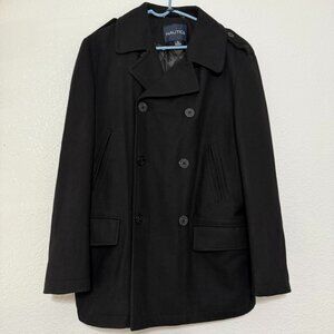 Nautica Pea Coat Men's Large Black Wool Blend Classic Nautical Preppy